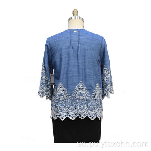 Tencel Denim Bordering Embroidery Blouse för kvinnor